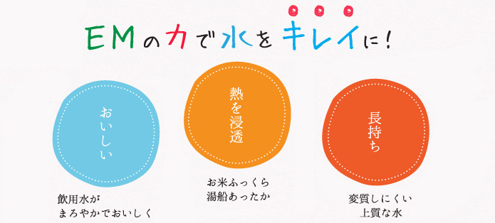 EMの力で水をキレイに!飲用水をおいしく、腸内環境を整え健康に、お米や湯船の熱を浸透、変質しにくい水で長もち