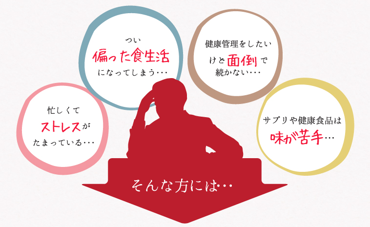 忙しくてストレスがたまっている・・・つい偏った食生活になってしまう・・・健康管理をしたいけど面倒で続かない・・・サプリや健康食品は味が苦手・・・そんな方には