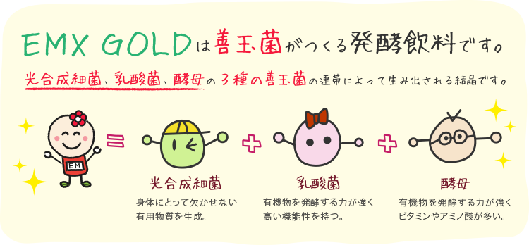EM・X GOLDは善玉菌がつくる発酵飲料です。